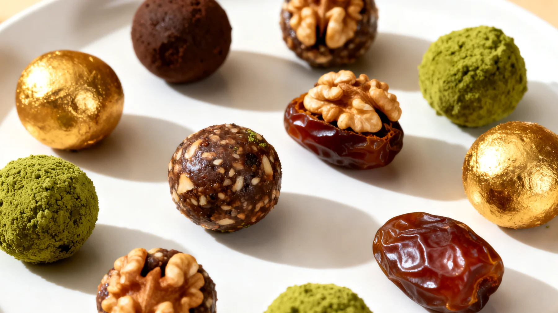 Walnuss-Kakao-Energiekugeln mit Matcha und Datteln"